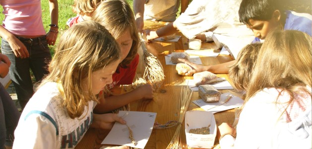 Eine Gruppe von Kinder sitzen zusammen an einem Tisch und arbeiten mit Getreide.